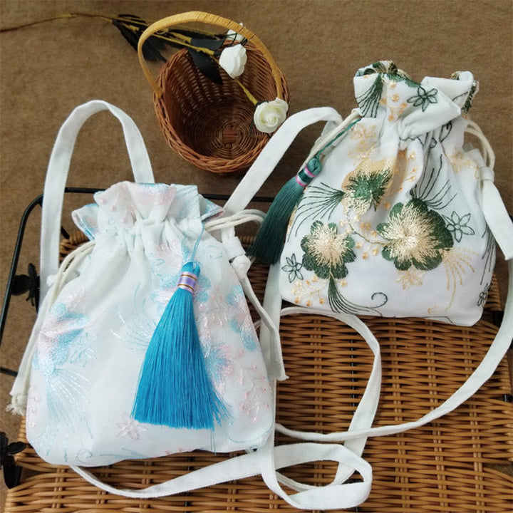 Borsa a tracolla in tela Buddha Stones, fiori ricamati, fiori di ciliegio, vite