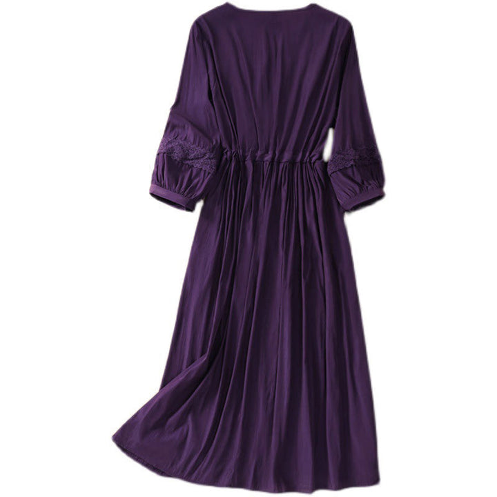 Abito lungo da donna in lino e cotone con coulisse, manica lunga a lanterna, tinta unita, estivo, con tasche, motivo Buddha Stones