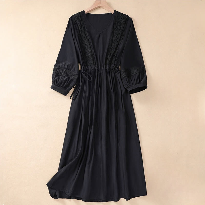 Abito lungo da donna in lino e cotone con coulisse, manica lunga a lanterna, tinta unita, estivo, con tasche, motivo Buddha Stones