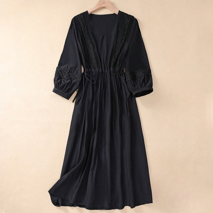 Abito lungo da donna in lino e cotone con coulisse, manica lunga a lanterna, tinta unita, estivo, con tasche, motivo Buddha Stones
