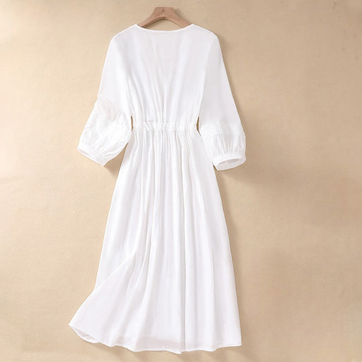 Abito lungo da donna in lino e cotone con coulisse, manica lunga a lanterna, tinta unita, estivo, con tasche, motivo Buddha Stones