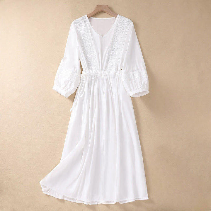 Abito lungo da donna in lino e cotone con coulisse, manica lunga a lanterna, tinta unita, estivo, con tasche, motivo Buddha Stones - Bianco - US8-10, UK/AU12-14, EU40-42 (2XL) - image 0