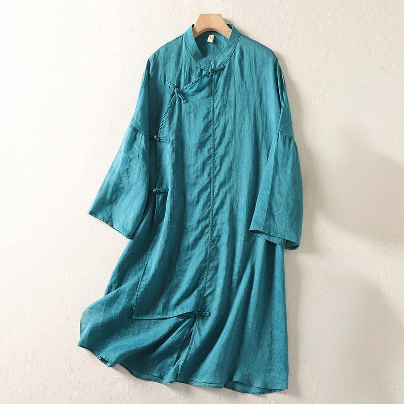 Abito midi da donna in cotone e lino con maniche lunghe e bottoni a rana, Buddha Stones - Ciano scuro - US8-10, UK/AU12-14, EU40-42 (2XL) - image 18