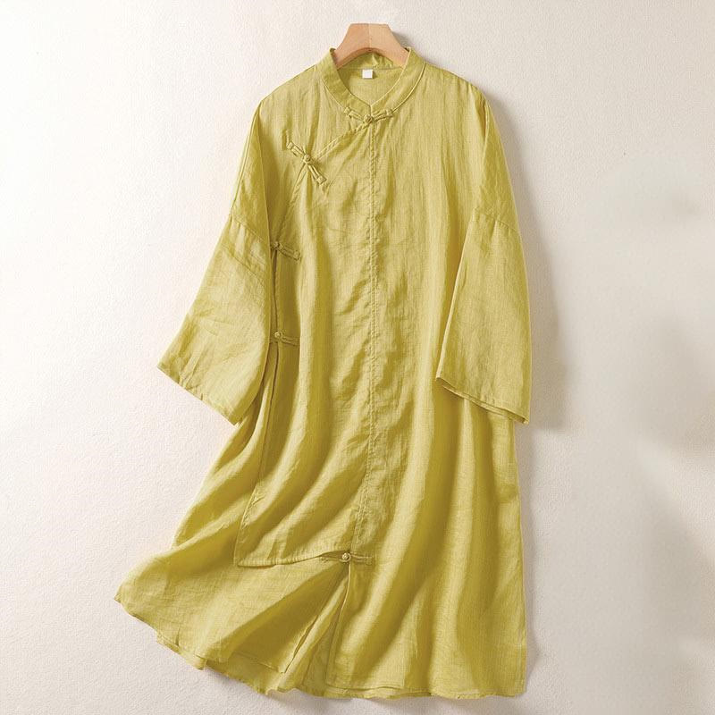 Abito midi da donna in cotone e lino con maniche lunghe e bottoni a rana, Buddha Stones - Cachi - US8-10, UK/AU12-14, EU40-42 (2XL) - image 1