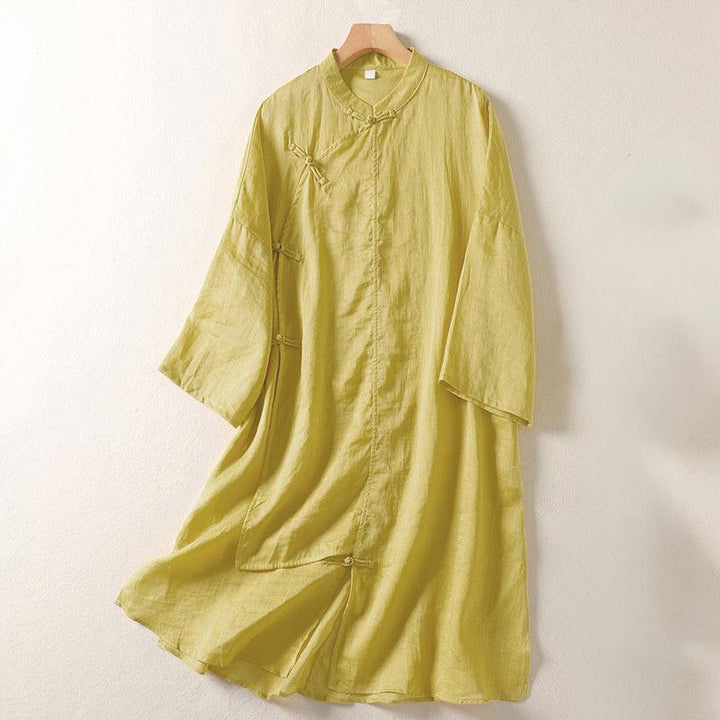 Abito midi da donna in cotone e lino con maniche lunghe e bottoni a rana, Buddha Stones - Cachi - US8-10, UK/AU12-14, EU40-42 (2XL) - image 1