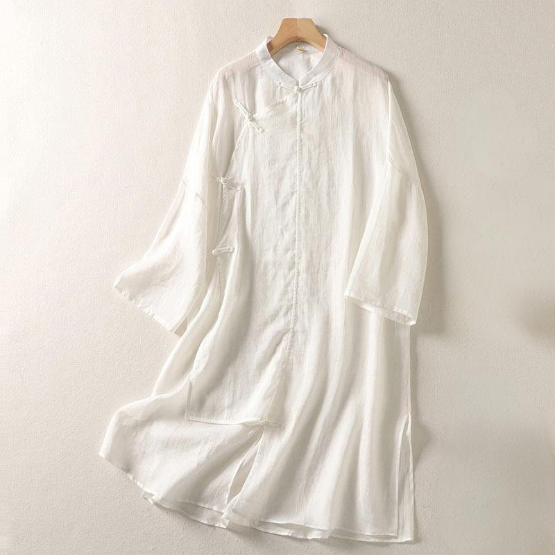 Abito midi da donna in cotone e lino con maniche lunghe e bottoni a rana, Buddha Stones - FlorealeBianco - US8-10, UK/AU12-14, EU40-42 (2XL) - image 7
