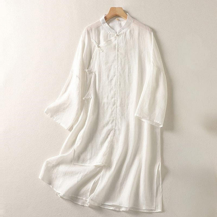 Abito midi da donna in cotone e lino con maniche lunghe e bottoni a rana, Buddha Stones - FlorealeBianco - US8-10, UK/AU12-14, EU40-42 (2XL) - image 7