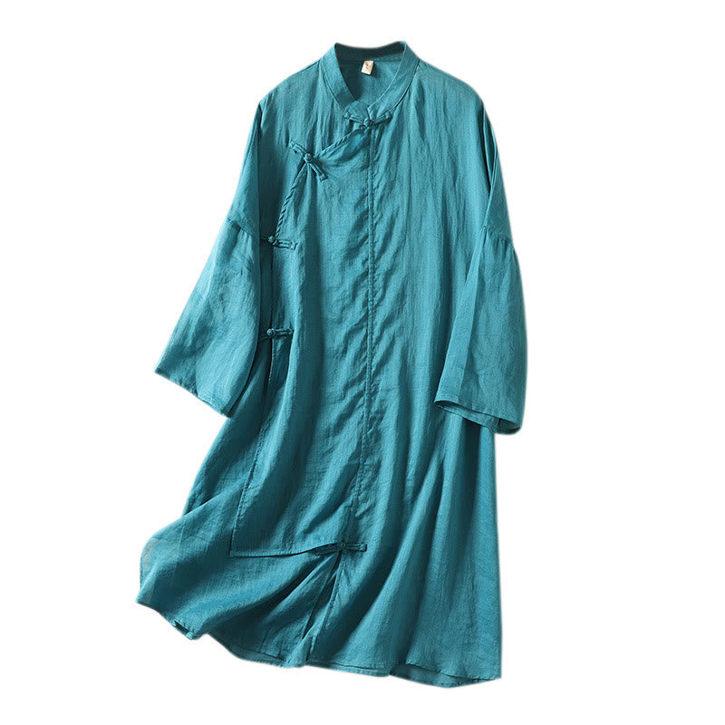 Abito midi da donna in cotone e lino con maniche lunghe e bottoni a rana, Buddha Stones - image 24