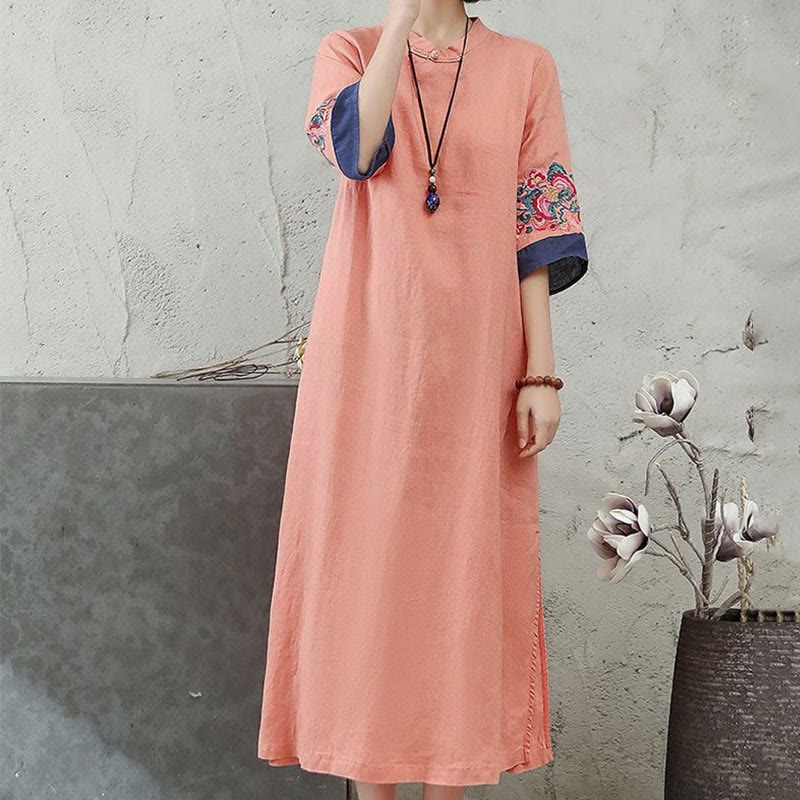 Abito midi da donna in cotone e lino con maniche corte, bottoni a Buddha Stones - image 4