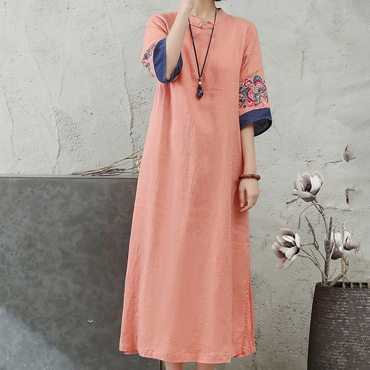 Abito midi da donna in cotone e lino con maniche corte, bottoni a Buddha Stones - image 4
