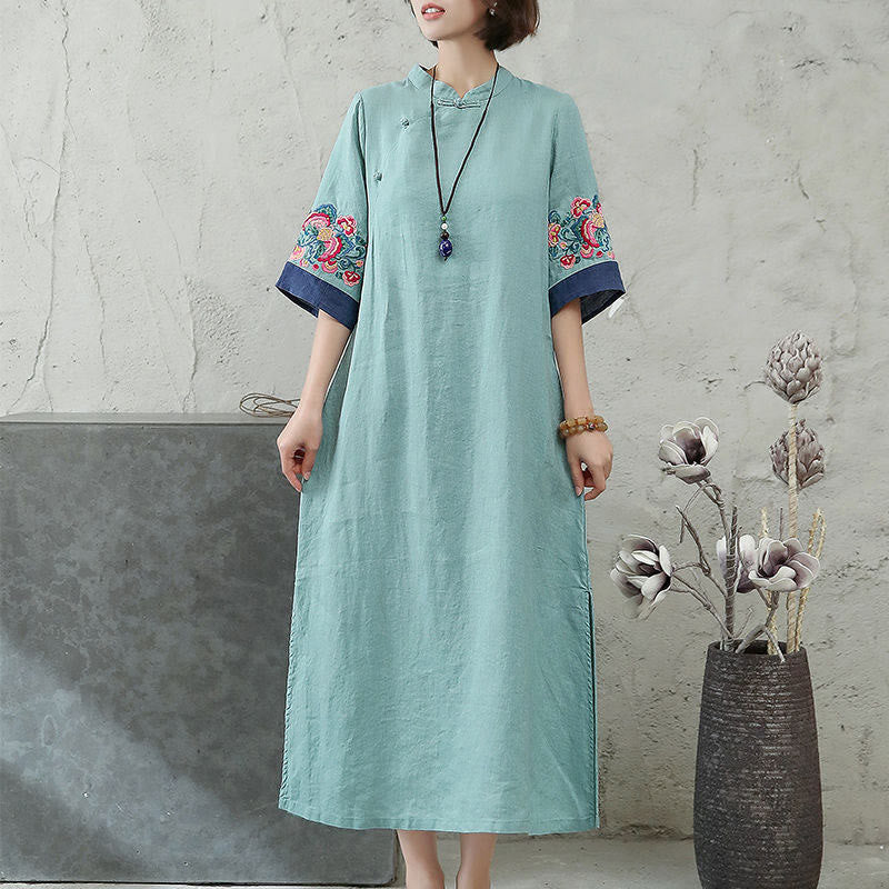 Abito midi da donna in cotone e lino con maniche corte, bottoni a Buddha Stones - image 7
