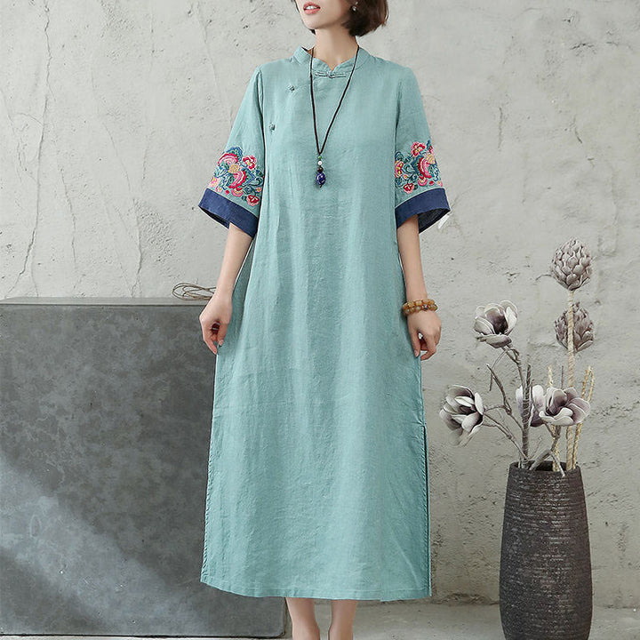 Abito midi da donna in cotone e lino con maniche corte, bottoni a Buddha Stones - image 7