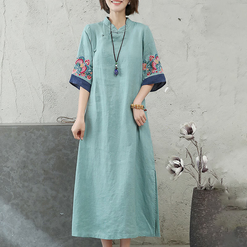 Abito midi da donna in cotone e lino con maniche corte, bottoni a Buddha Stones - image 8
