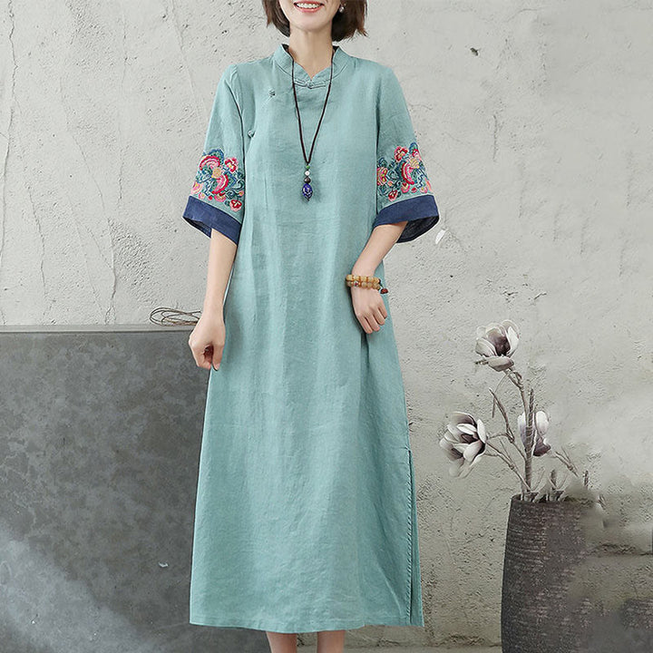 Abito midi da donna in cotone e lino con maniche corte, bottoni a Buddha Stones - image 8