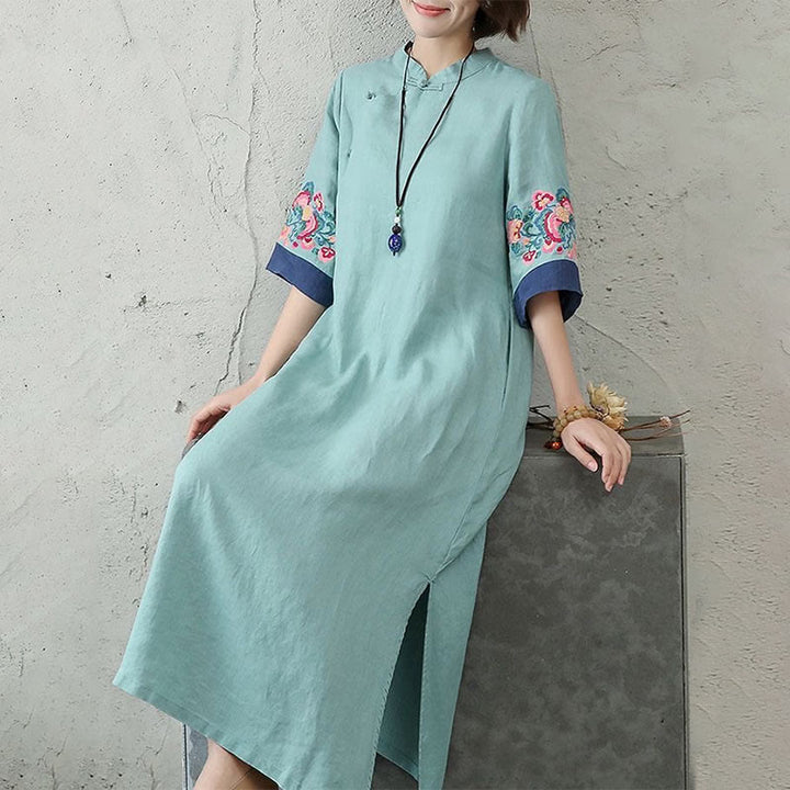 Abito midi da donna in cotone e lino con maniche corte, bottoni a Buddha Stones - image 11