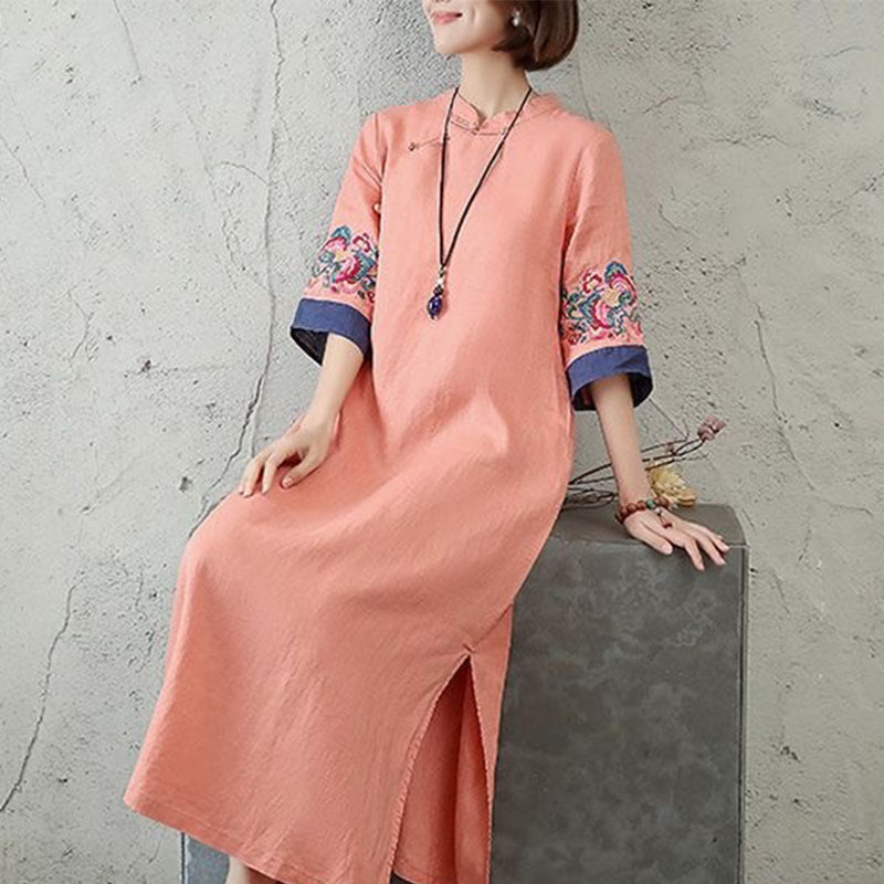 Abito midi da donna in cotone e lino con maniche corte, bottoni a Buddha Stones - image 5
