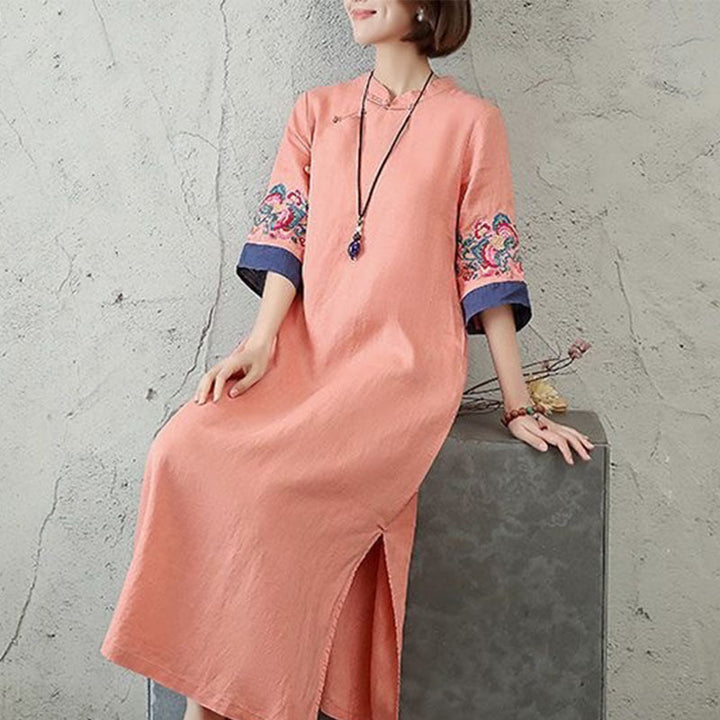 Abito midi da donna in cotone e lino con maniche corte, bottoni a Buddha Stones - image 5
