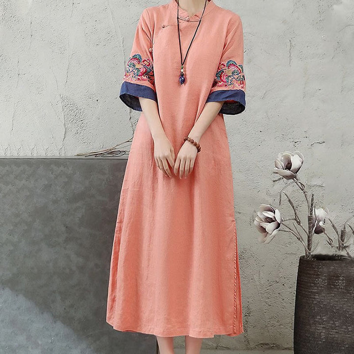 Abito midi da donna in cotone e lino con maniche corte, bottoni a Buddha Stones - image 3