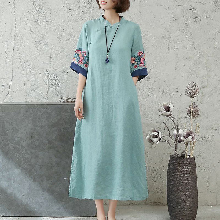 Abito midi da donna in cotone e lino con maniche corte, bottoni a Buddha Stones - Turchese medio - US14, UK/AU18, EU46 (4XL) - image 6