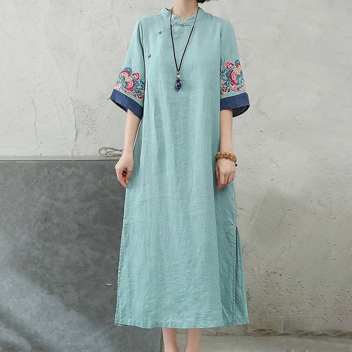 Abito midi da donna in cotone e lino con maniche corte, bottoni a Buddha Stones - image 9