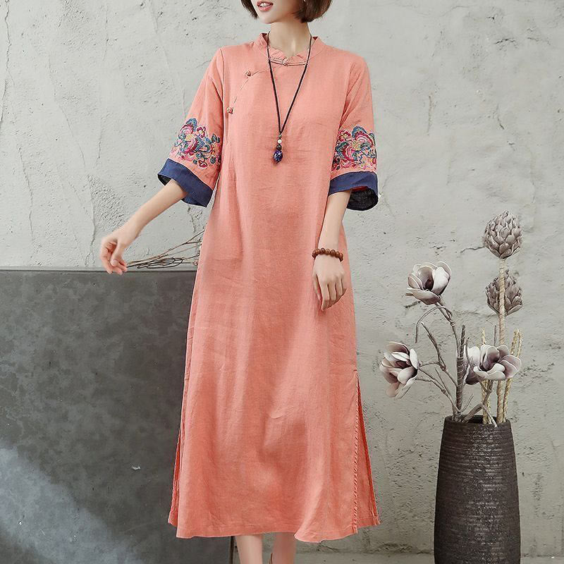 Abito midi da donna in cotone e lino con maniche corte, bottoni a Buddha Stones - Salmone chiaro - US14, UK/AU18, EU46 (4XL) - image 1