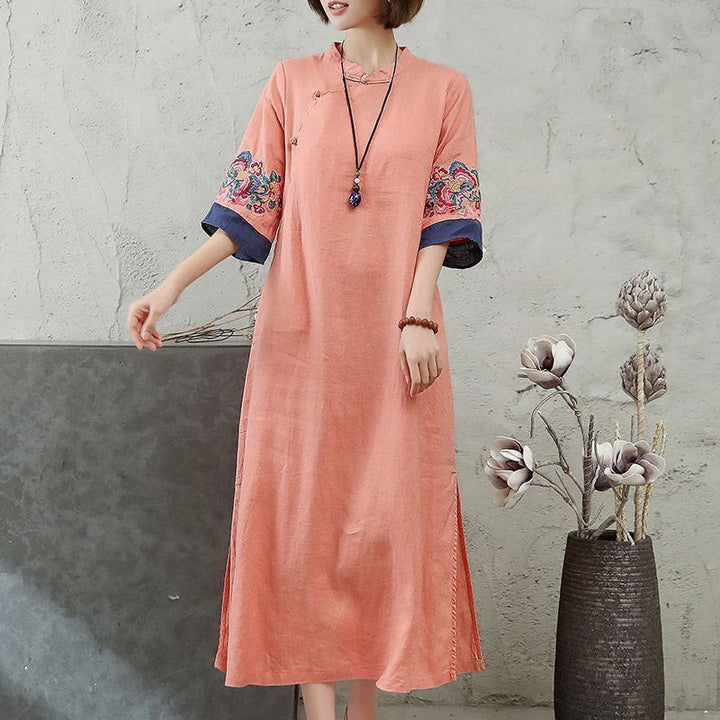 Abito midi da donna in cotone e lino con maniche corte, bottoni a Buddha Stones - Salmone chiaro - US14, UK/AU18, EU46 (4XL) - image 1