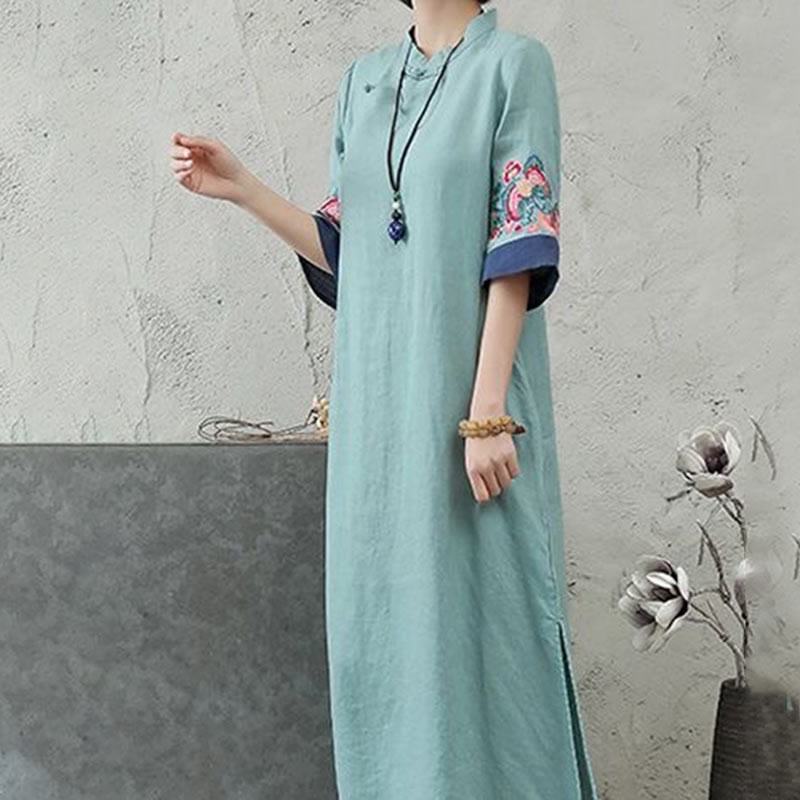 Abito midi da donna in cotone e lino con maniche corte, bottoni a Buddha Stones - image 10