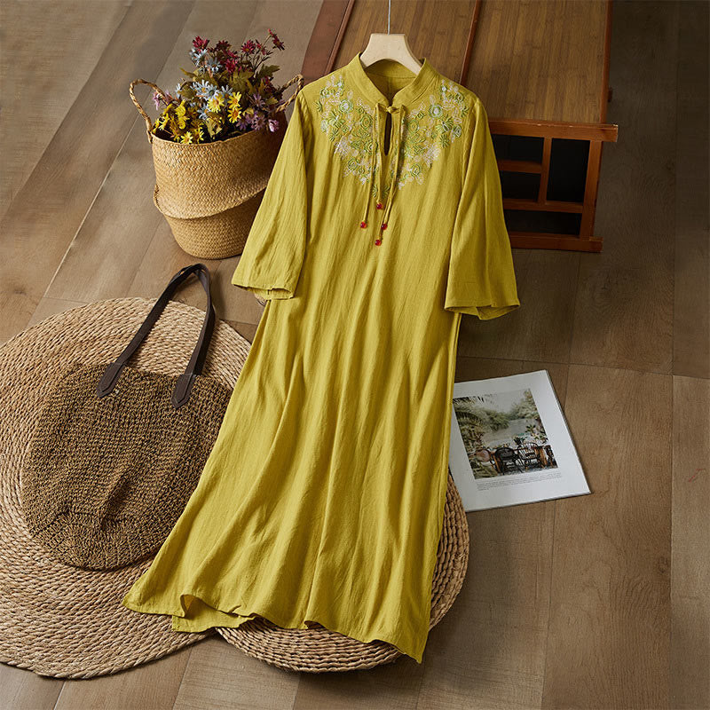 Abito midi da donna in cotone e lino con vita alta, maniche corte, bottoni a rana e ricamo vintage Buddha Stones - Verga d'oro - US16, UK/AU20, EU48 (5XL) - image 1