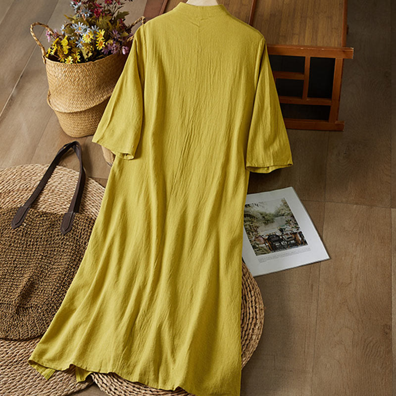 Abito midi da donna in cotone e lino con vita alta, maniche corte, bottoni a rana e ricamo vintage Buddha Stones - image 1