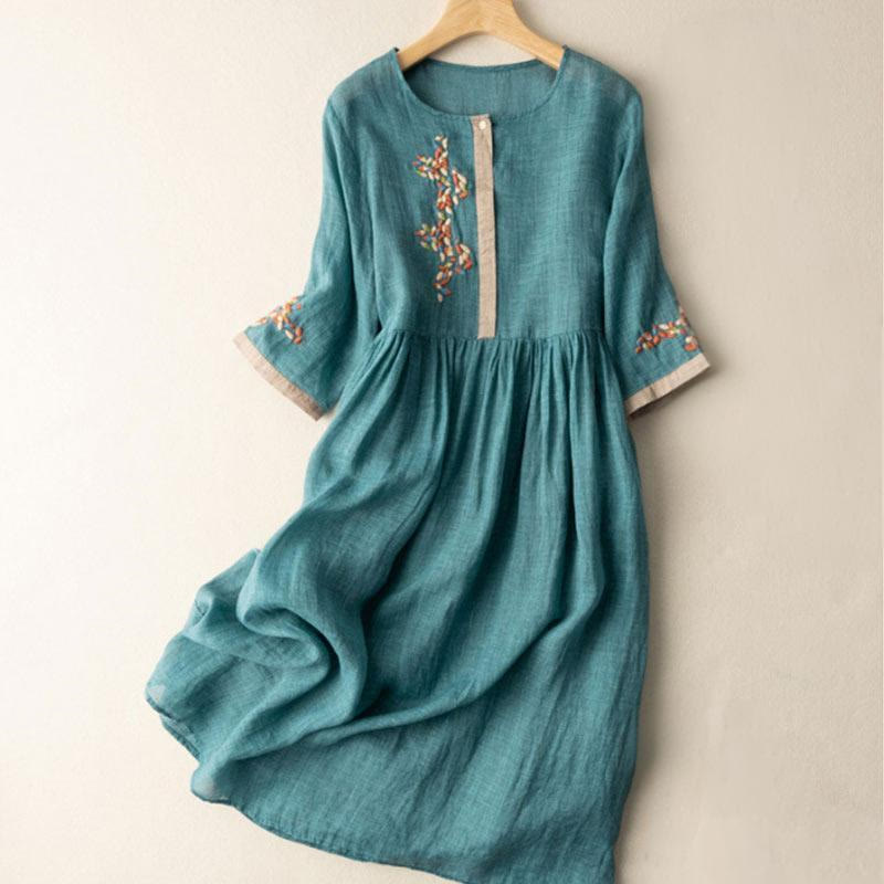 Abito midi da donna in cotone e lino con maniche corte e ricamo etnico primaverile Buddha Stones - Verde acqua - US8-10, UK/AU12-14, EU40-42 (2XL) - image 7