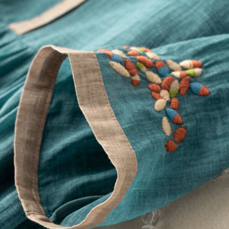 Abito midi da donna in cotone e lino con maniche corte e ricamo etnico primaverile Buddha Stones - image 7