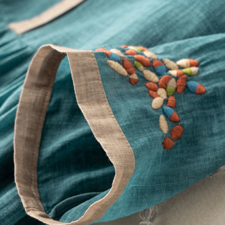 Abito midi da donna in cotone e lino con maniche corte e ricamo etnico primaverile Buddha Stones - image 7