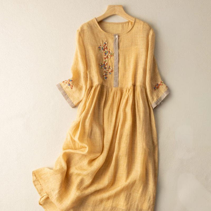 Abito midi da donna in cotone e lino con maniche corte e ricamo etnico primaverile Buddha Stones - Oro - US8-10, UK/AU12-14, EU40-42 (2XL) - image 3