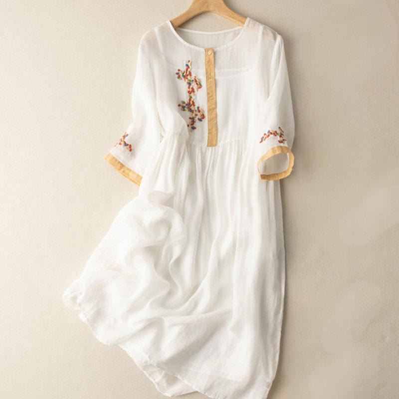Abito midi da donna in cotone e lino con maniche corte e ricamo etnico primaverile Buddha Stones - Bianco - US8-10, UK/AU12-14, EU40-42 (2XL) - image 1