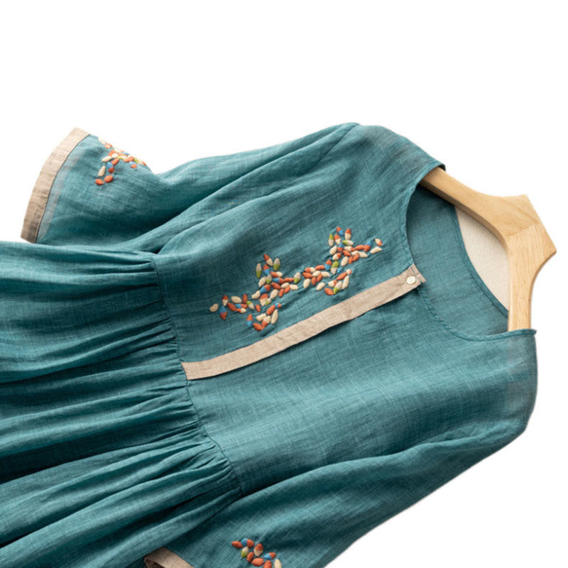 Abito midi da donna in cotone e lino con maniche corte e ricamo etnico primaverile Buddha Stones - image 9