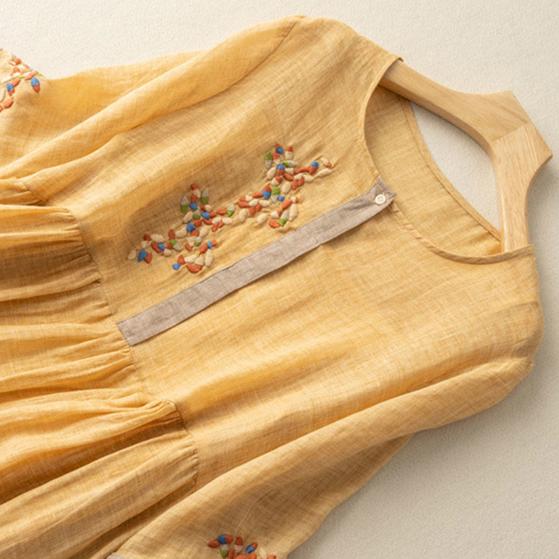 Abito midi da donna in cotone e lino con maniche corte e ricamo etnico primaverile Buddha Stones - image 3