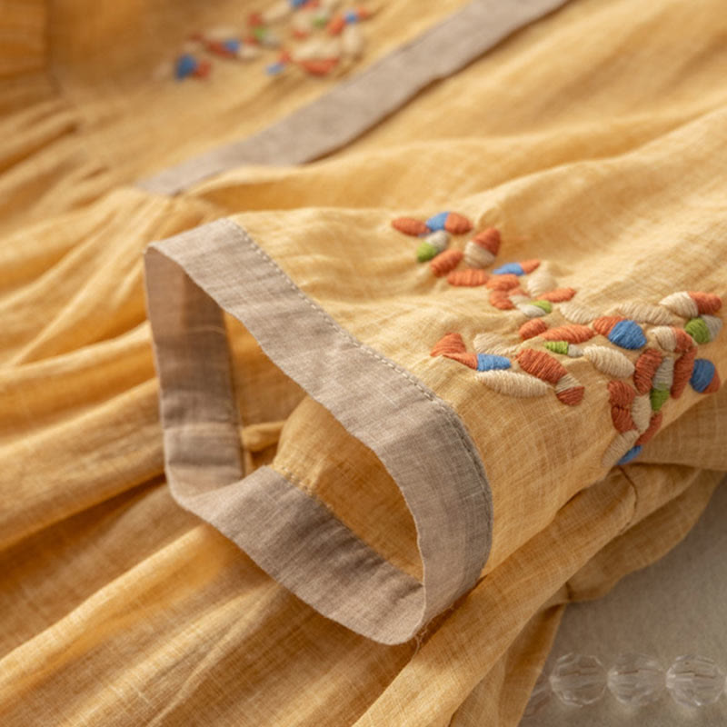 Abito midi da donna in cotone e lino con maniche corte e ricamo etnico primaverile Buddha Stones - image 4