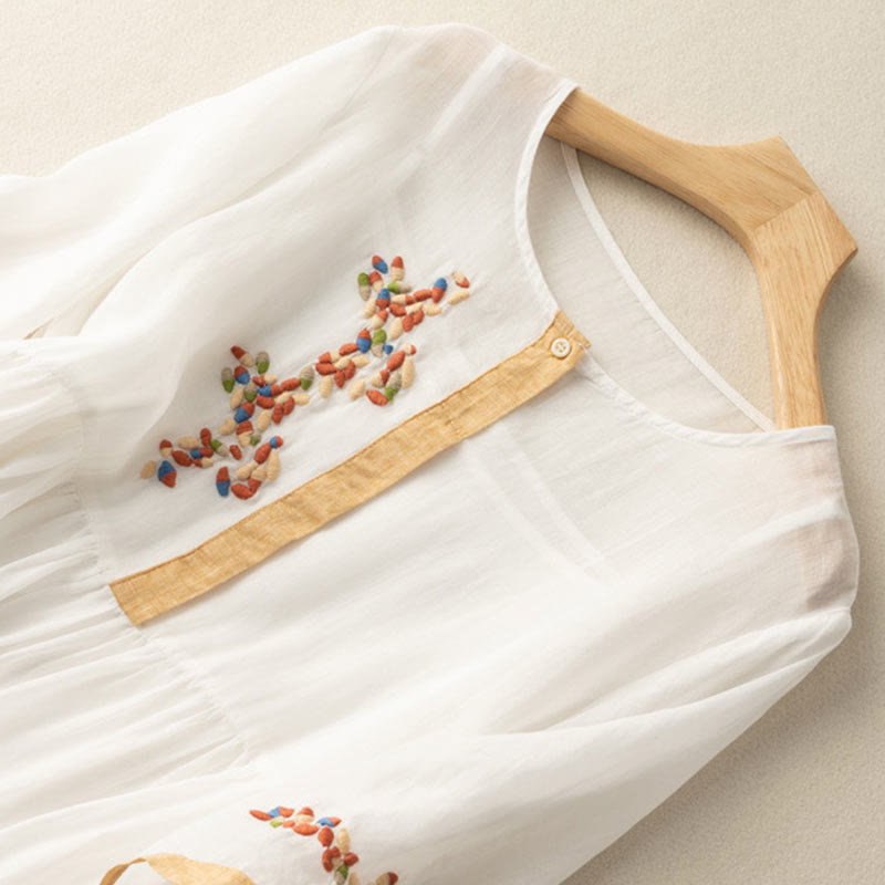 Abito midi da donna in cotone e lino con maniche corte e ricamo etnico primaverile Buddha Stones - image 1