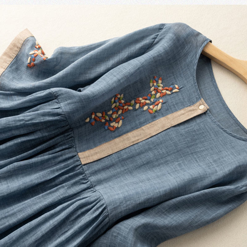 Abito midi da donna in cotone e lino con maniche corte e ricamo etnico primaverile Buddha Stones - image 11