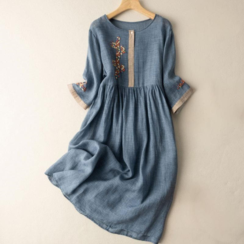 Abito midi da donna in cotone e lino con maniche corte e ricamo etnico primaverile Buddha Stones - SteelBlue - US8-10, UK/AU12-14, EU40-42 (2XL) - image 11