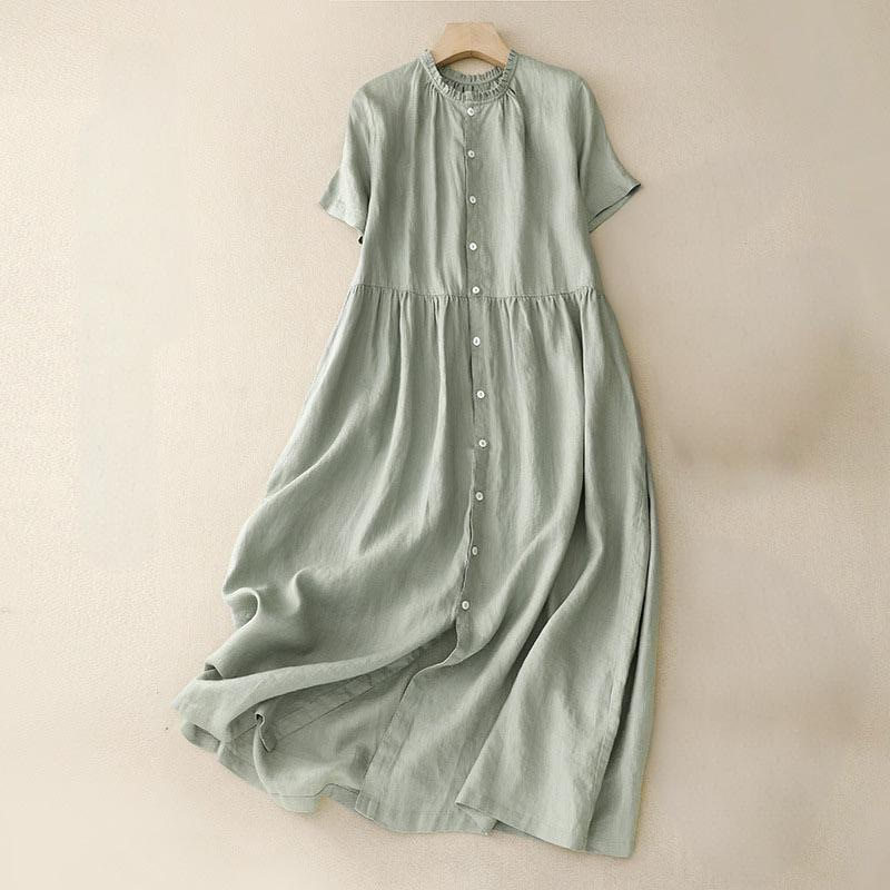 Abito midi da donna in cotone e lino, casual, con scollo a V, a maniche corte, in tinta unita e bottoni, Buddha Stones - Verde chiaro - US8-10, UK/AU12-14, EU40-42 (2XL) - image 1