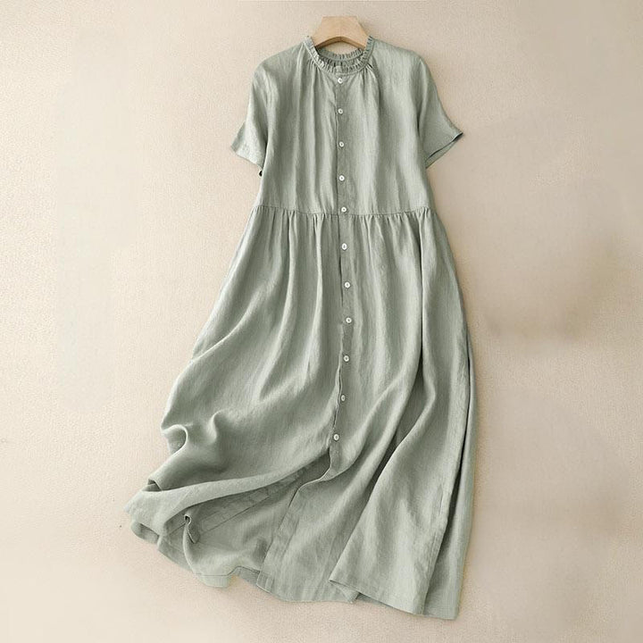 Abito midi da donna in cotone e lino, casual, con scollo a V, a maniche corte, in tinta unita e bottoni, Buddha Stones - Verde chiaro - US8-10, UK/AU12-14, EU40-42 (2XL) - image 1