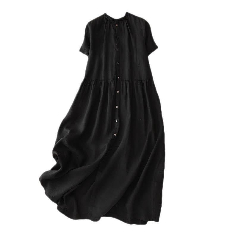 Abito midi da donna in cotone e lino, casual, con scollo a V, a maniche corte, in tinta unita e bottoni, Buddha Stones - image 14