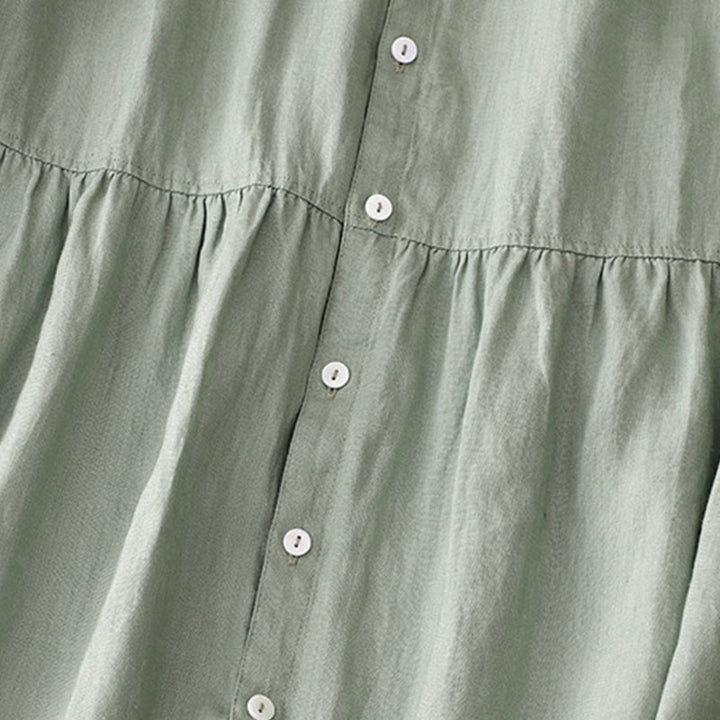 Abito midi da donna in cotone e lino, casual, con scollo a V, a maniche corte, in tinta unita e bottoni, Buddha Stones - image 6