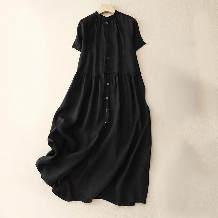 Abito midi da donna in cotone e lino, casual, con scollo a V, a maniche corte, in tinta unita e bottoni, Buddha Stones - Nero - US8-10, UK/AU12-14, EU40-42 (2XL) - image 11