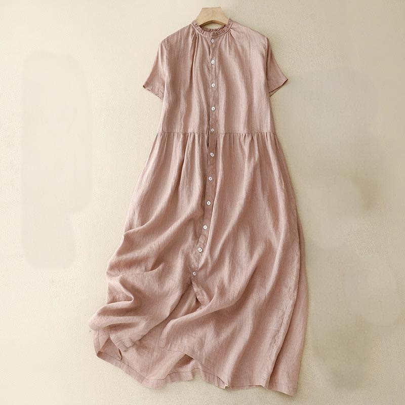 Abito midi da donna in cotone e lino, casual, con scollo a V, a maniche corte, in tinta unita e bottoni, Buddha Stones - Rosa chiaro - US8-10, UK/AU12-14, EU40-42 (2XL) - image 15