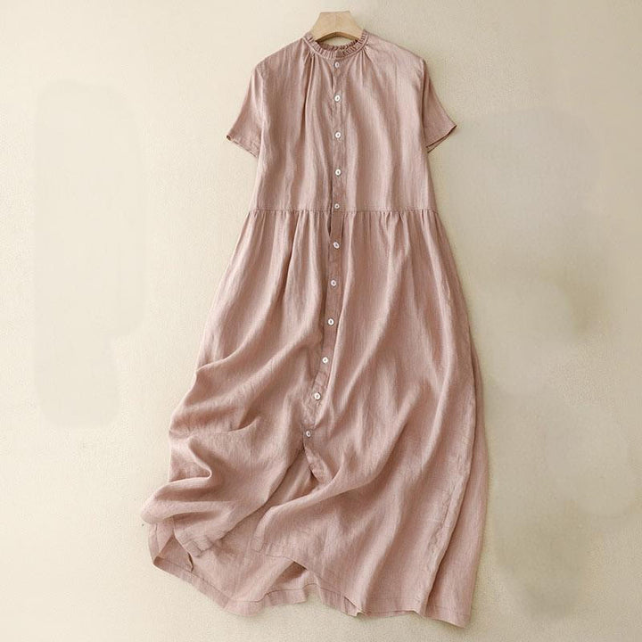 Abito midi da donna in cotone e lino, casual, con scollo a V, a maniche corte, in tinta unita e bottoni, Buddha Stones - Rosa chiaro - US8-10, UK/AU12-14, EU40-42 (2XL) - image 15