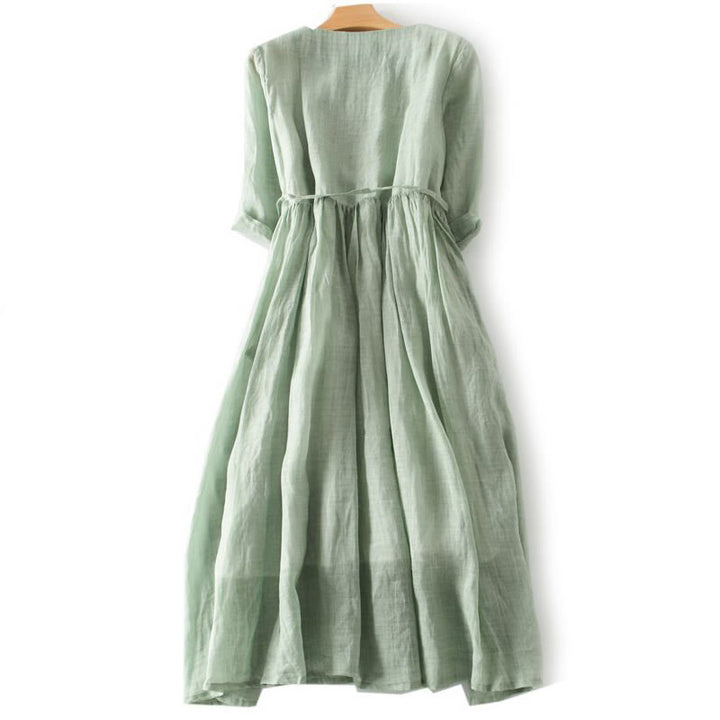 Abito midi da donna con maniche corte, lacci e tasche, modello casual con volant e motivo a volant, Buddha Stones - image 1