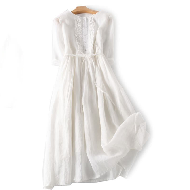 Abito midi da donna in cotone e lino con maniche corte, allacciato, casual, con volant e tasche, modello Buddha Stones - Bianco - US8-10, UK/AU12-14, EU40-42 (2XL) - image 15
