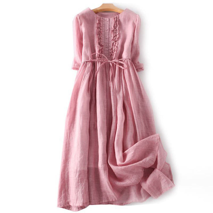 Abito midi da donna in cotone e lino con maniche corte, allacciato, casual, con volant e tasche, modello Buddha Stones - Corallo chiaro - US8-10, UK/AU12-14, EU40-42 (2XL) - image 9